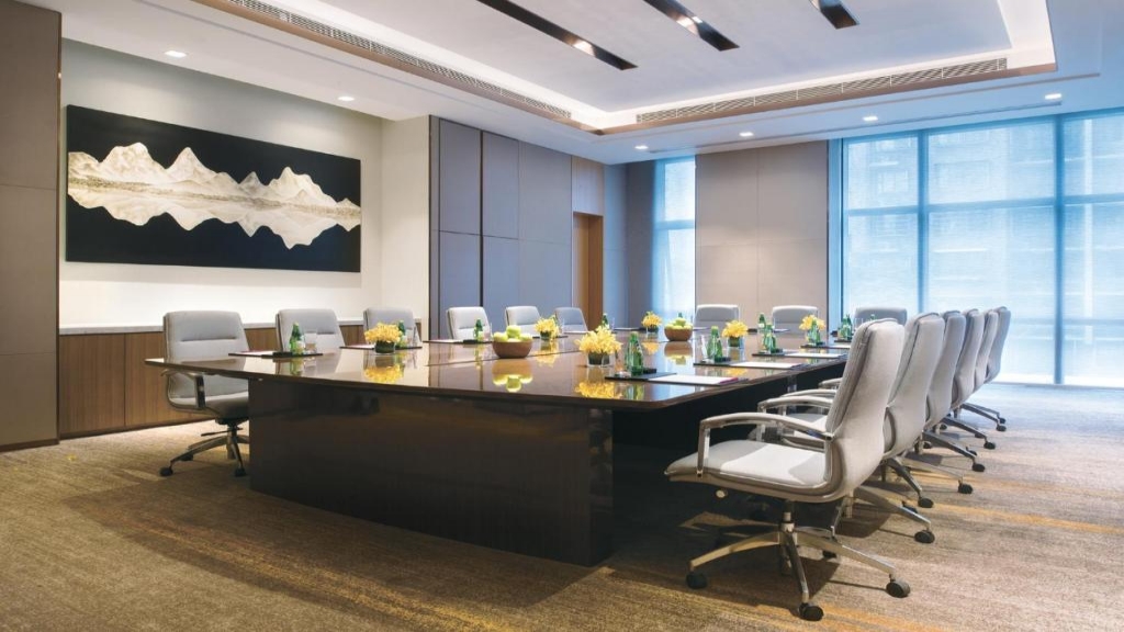 Luxury Neo-Chinese-Inspired Conference Sets: ErgoLuxe™ Leather Chairs & Marble Tea Cabinets 